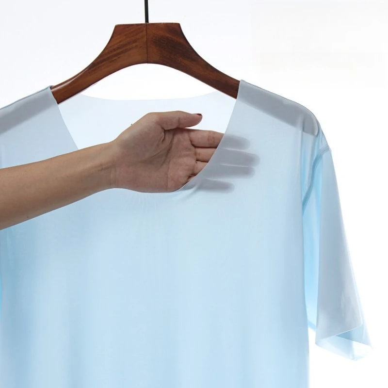 Summer Ultra-thin Sleep Tops Liquid Ice Silk Round Neck High-elastic Leisure Home Cooling Bottom Tshirts Lightweight Pajama Top