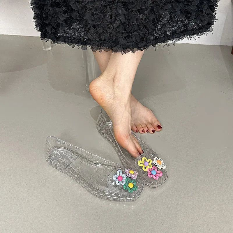 Transparent Crystal Jelly Sandals Hollow Out Slippers Korean Style Flat Shoes Women's Square Toe Shallow Slip on Ballet Loafers