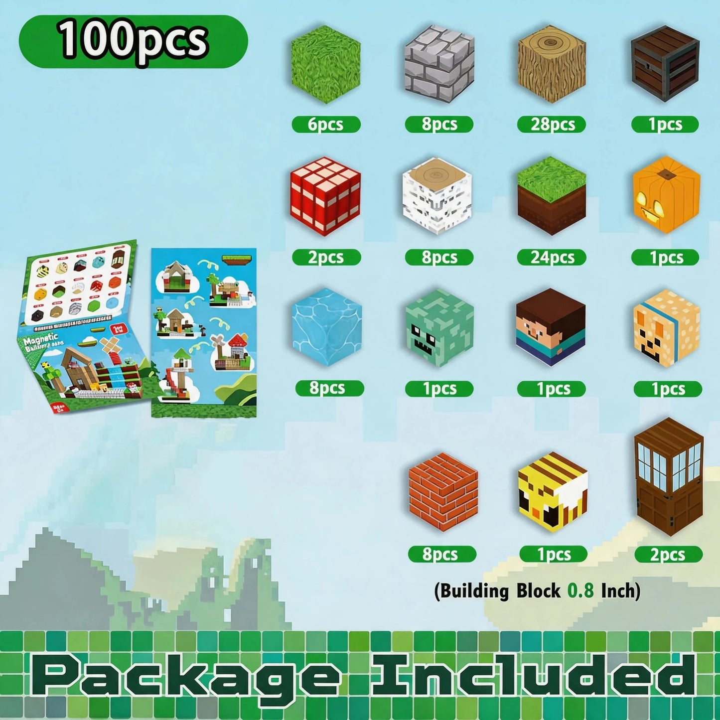 Pixel Mining Magnetic Forest House Cube Building Blocks Set, STEM Educational Sensory Toy, Best Gift for Kids 3+,100PCS