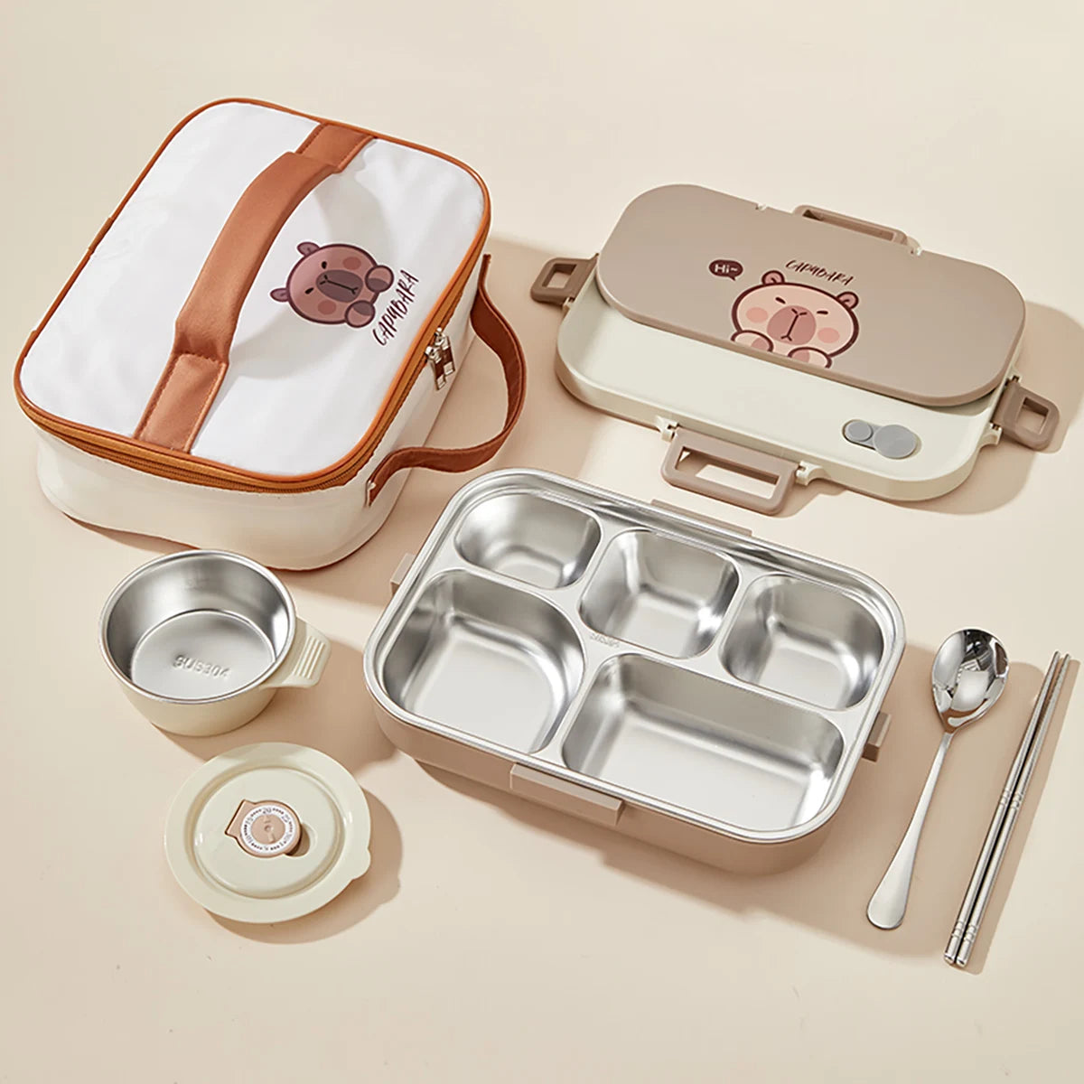 Large Capacity Divided Lunch Container Set For Kids Students Sealed 304 Stainless Steel Bento Lunch Box With Bowl&Cutlery 6