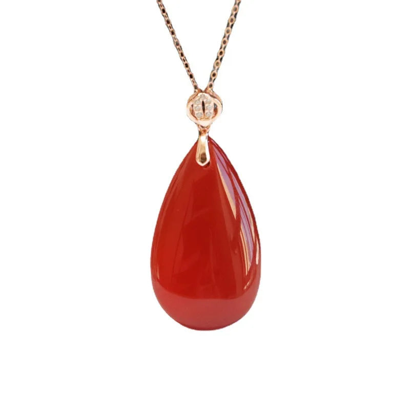S925 Silver Inlaid Natural Red Agate Pendant,  Craftsmanship Timeless Accessory Water Drop for Man & Women Jewelry Party & Gift