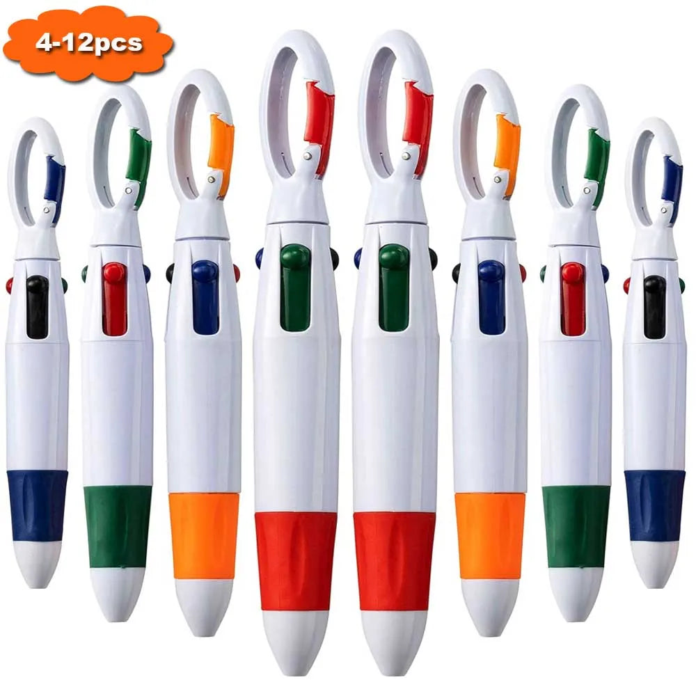 Retractable Shuttle Pens with Carabiner Clip - Pack of 4-12 Bulk 4-in-1 Multi-Colored Ink Ballpoint Pens with Keychain for Adult