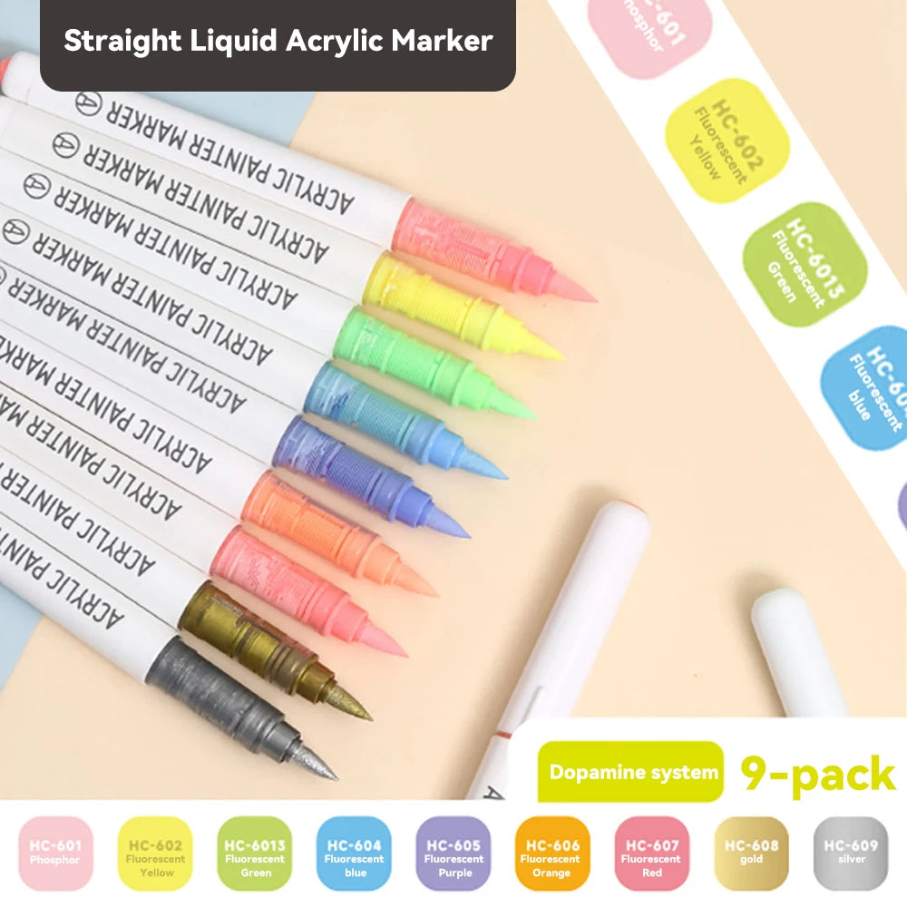 9pcs/Box Mix Color Acrylic Markers Set Art Rock Painting Pens Kids Gift Graffiti For Stone Glass Book Shoes DIY Craft Supplies