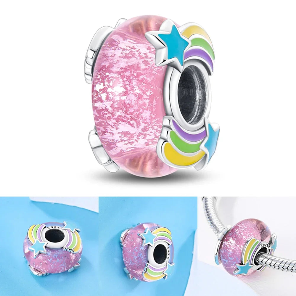 2025classic 925 Sterling Silver Colored Flower Leaf Cosmic Rainbow Murano Glass Charms Beads Fit DIY Bracelet Women Jewelry Gift