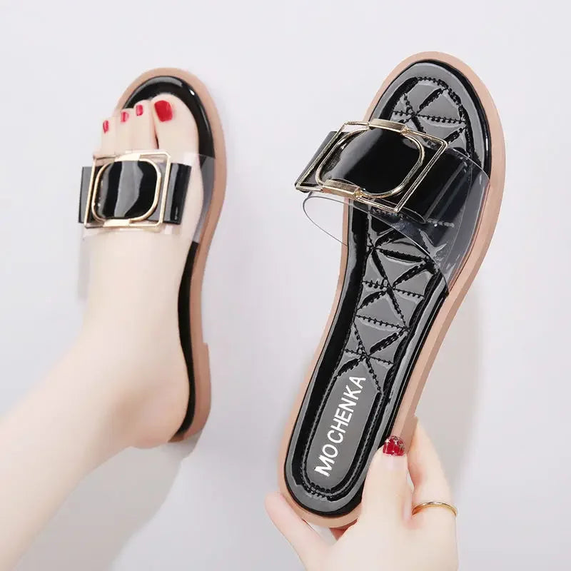 Slides Sandals Flat Home Open Toe on Word Outside Woman Slippers Shoes for Women Indoor House Footwear Easy Wears Waterproof Pvc