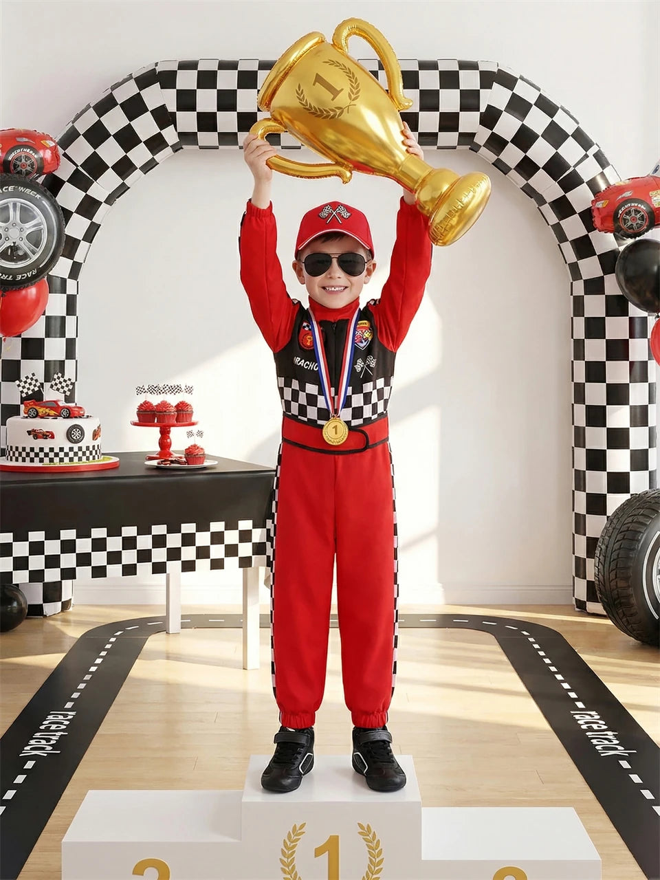 Kids Race Car Driver Costume – Checkered Jumpsuit with Cap, Sunglasses & Medal, Ages 3–10