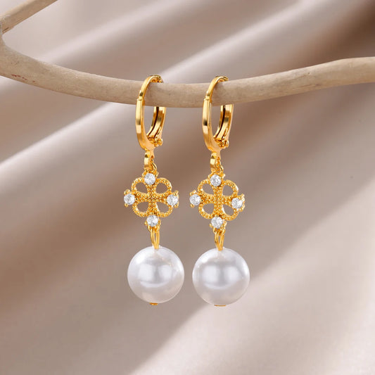Zircon Natural Pearl Earrings For Women Gold Plated Stainless Steel Geometric Hoop Pearl Earring Wedding Bridesmaid Jewelry Gift