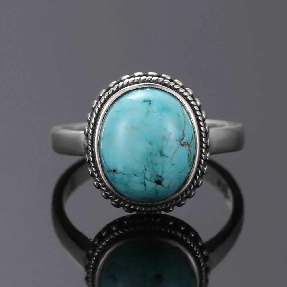 S925 Silver Oval Natural Turquoise Rings for Men Women Silver Fine Jewelry