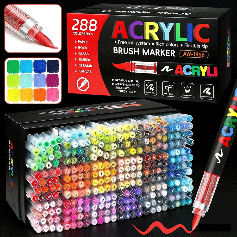 12/320/366 Colors Acrylic Markers Set Soft Brush Pen Systems for Drawing Anime Painting DIY Stone Glass Wood Gifts Art Supplies