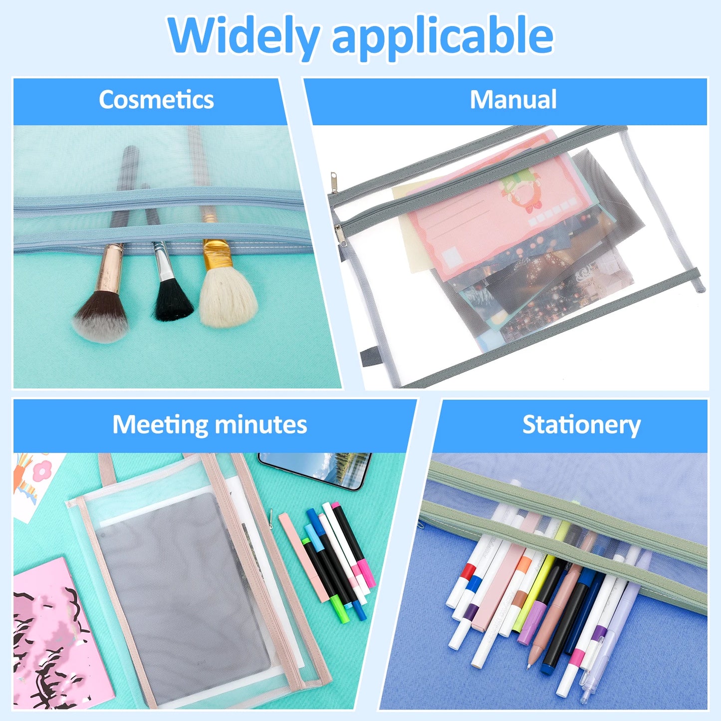 10 Pcs Double Layer Mesh Zipper Folder File Pouch A4 Paper Stationery Storage Bag School Office Supplies Organizer