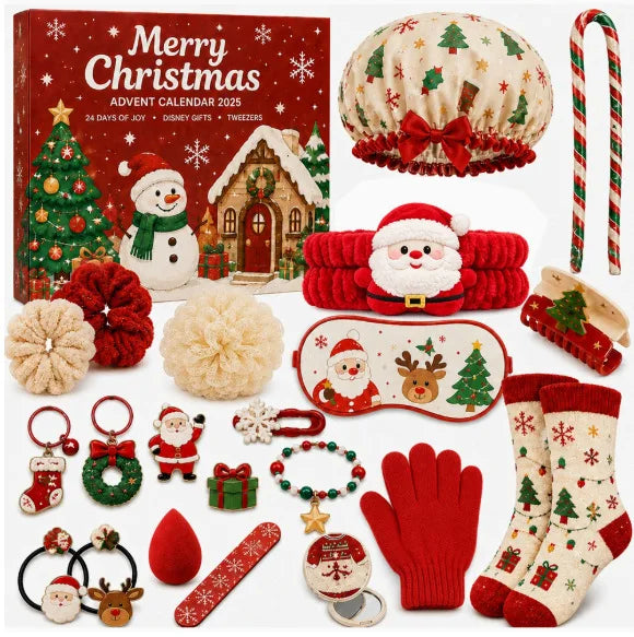 24Pcs Christmas Advent Calendar Gift Set, Cute Xmas Themed Beauty Hair Accessories Kit, Including Santa Hairband, Scrunchies,