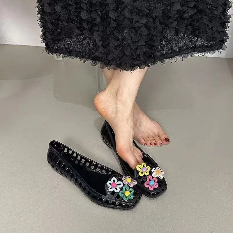 Transparent Crystal Jelly Sandals Hollow Slippers Korean Design Shoes Women's Sauare Toe Shallow Slip Ballet Square-toed Shoes