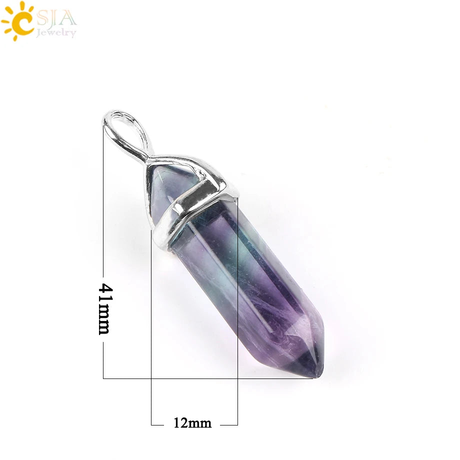 CSJA Fluorite Crystals Necklaces Pendants Suspension Quartz Natural Gem Stone Necklace for Women Hexagonal Reiki Healing G954