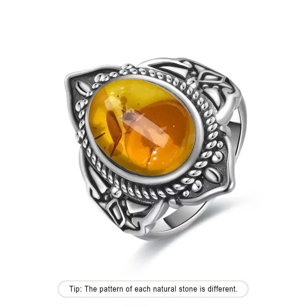 Certified Sterling Silver 925 Petal Amber Ring with Yellow Oval Natural Stone Ring Flower Jewelry Vintage Rings for Women Men