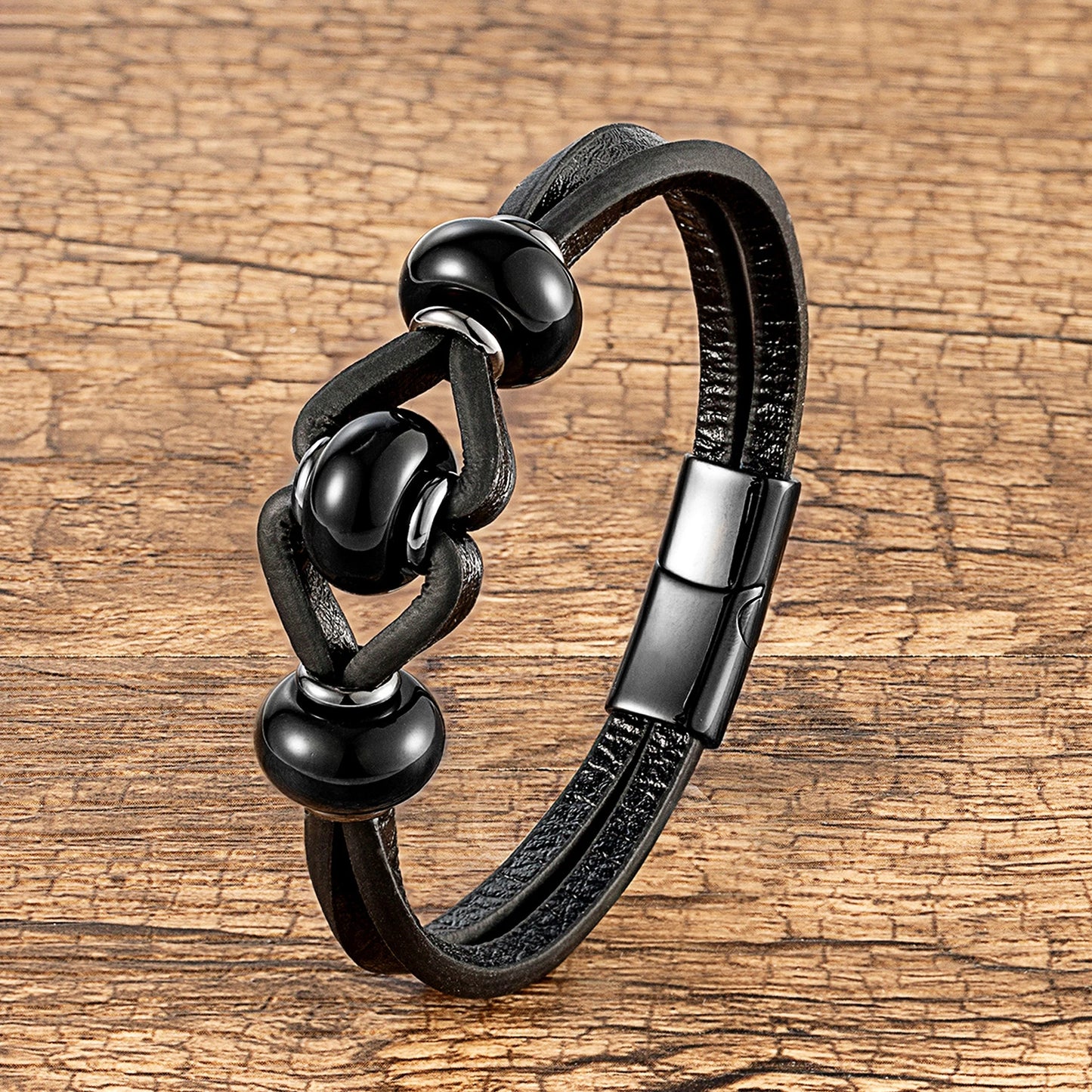 Round Natural Amethyst Crystal Stone Bracelet Women Charm Black Double Leather Rope Chain Stainless Steel Magnetic Men's Jewelry
