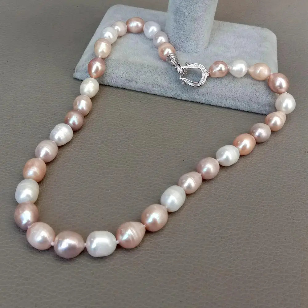 YYGEM natural Freshwater Pearl Pink Purple White Rice Pearl Choker Necklace cz pave clasp  For Women Girl Jewelry Gift