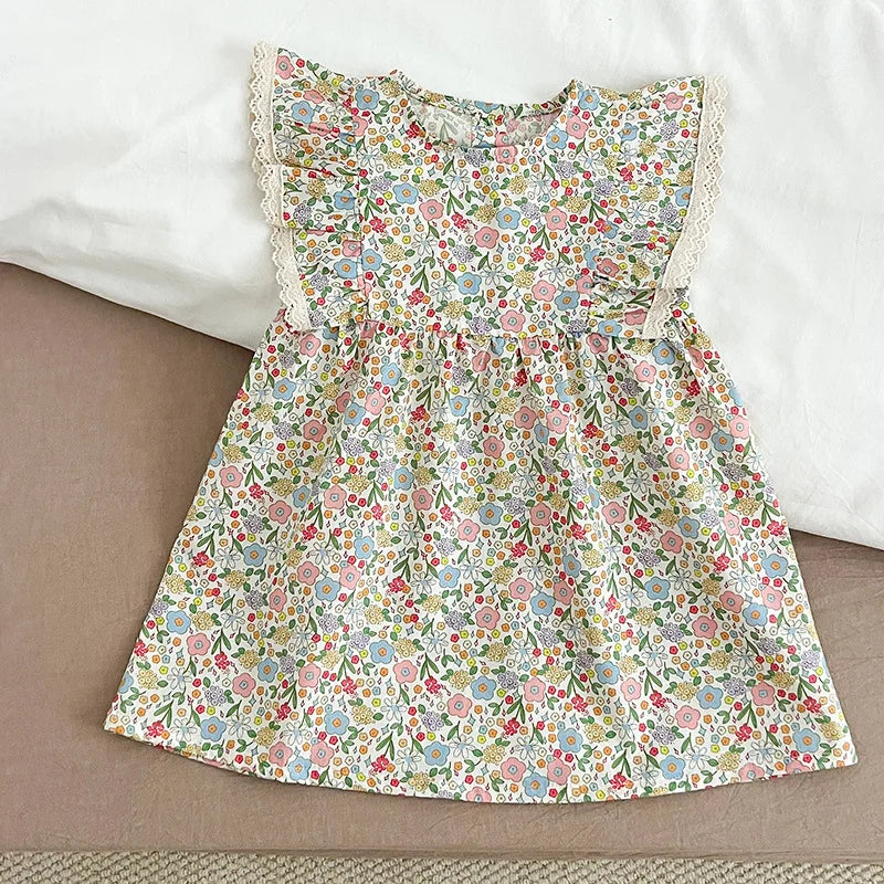 Girls Dress 2026 Spring and Summer New Childrens Clothes Girls Baby Fashionable Floral Flying Sleeve Princess Dress Simple