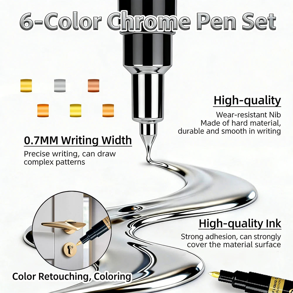 0.7mm 6 Colors Mirror Marker Pen DIY Reflective Paint Pens Chrome Markers Gold Silvery Copper Model Painting Repainting