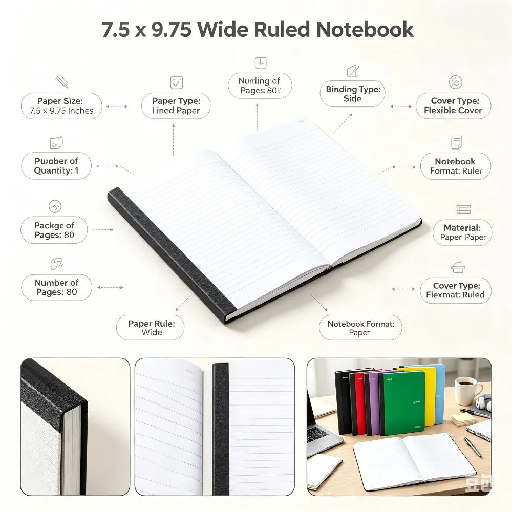 9.75" x 7.5" Wide Ruled Composition Notebook, 80 Pages, Flexible Soft Cover, Acid-Free Paper, Rounded Corners, Premium Stationery for Adults & Students