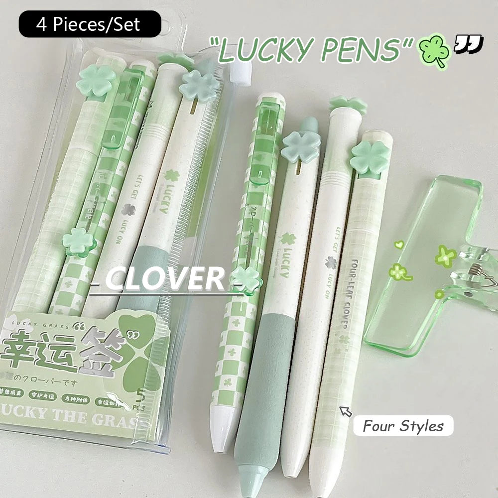 4 Pcs/Set Four-Leaf Clover Gel Pens 0.5mm Black Ink Quick-Drying & Smooth Writing Pen for Office School Study Exam Stationery
