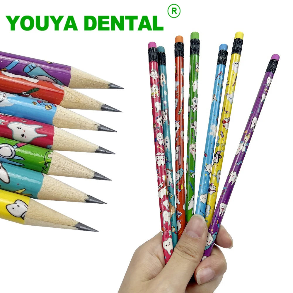 50pcs Dental Pencil Cute Cartoon Tooth Pattern Pencil With Eraser Children Drawing Pencil School Writing Stationery Dental Gifts