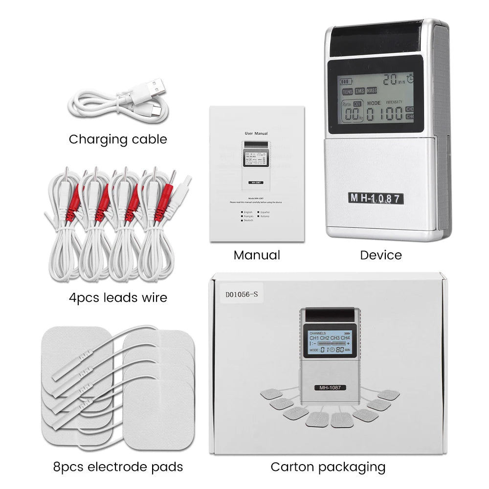 Digital TENS Unit Machine 4-Channel Tens Electrostimulator Rechargeable Body Muscle Stimulator with 20 Intensity for Pain Relief