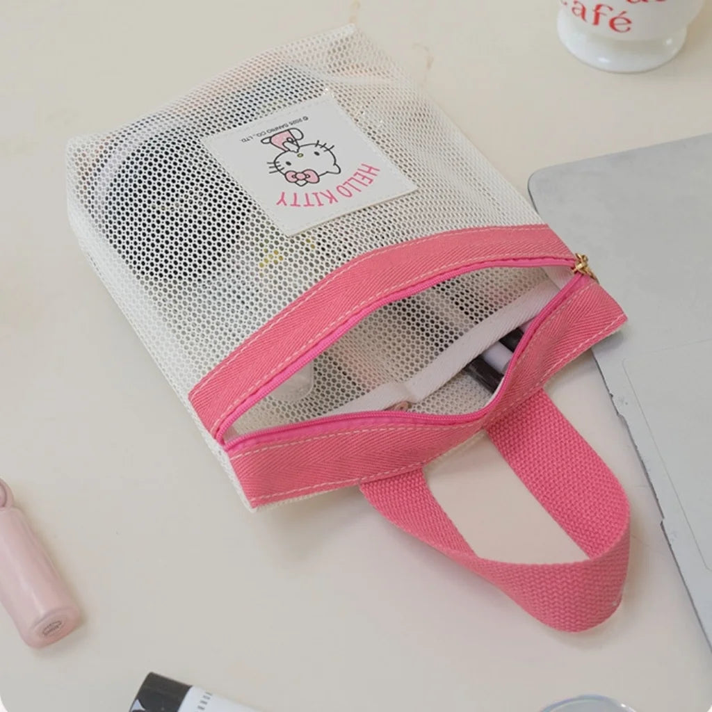 Sanrio Hello Kitty Mesh Bag Portable Tote Bag with Zipper Cute Cartoon Handbag for Women Kids Daily Use