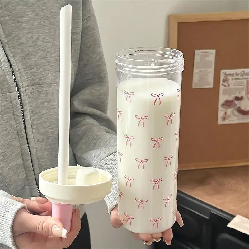 700ml Portable Large Capacity Women Water Cup Pink Bow Print Tumbler Water Bottle with Straw Lid Girly Attractive Drinking Cup