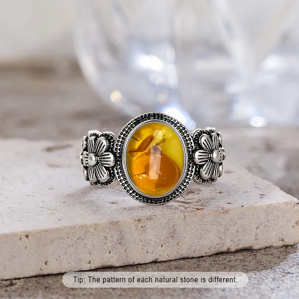 S925 Sterling Silver Ring With Natural Amber Stone Flower Shape Oval Petal Amber Stone Gifts Fine Jewelry For Women
