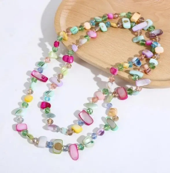 Bohemian Vintage Irregular Natural Stone Necklace for Women Handmade Crystal Beads Double Layer Long Sweater Chain Jewelry Gift