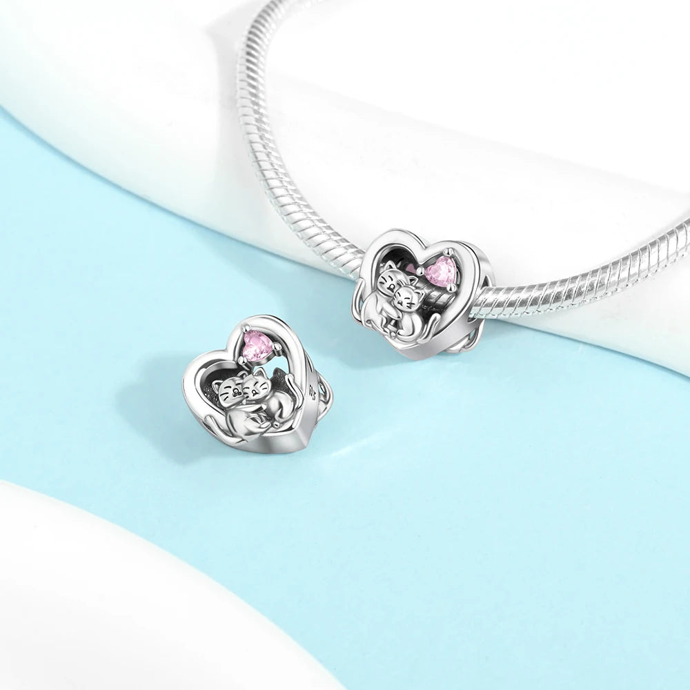 Charms Plata Cat Heart Swing Mothers Day Gift Silver Plated For Charms Silver Plated Original Bracelet for Jewelry Making