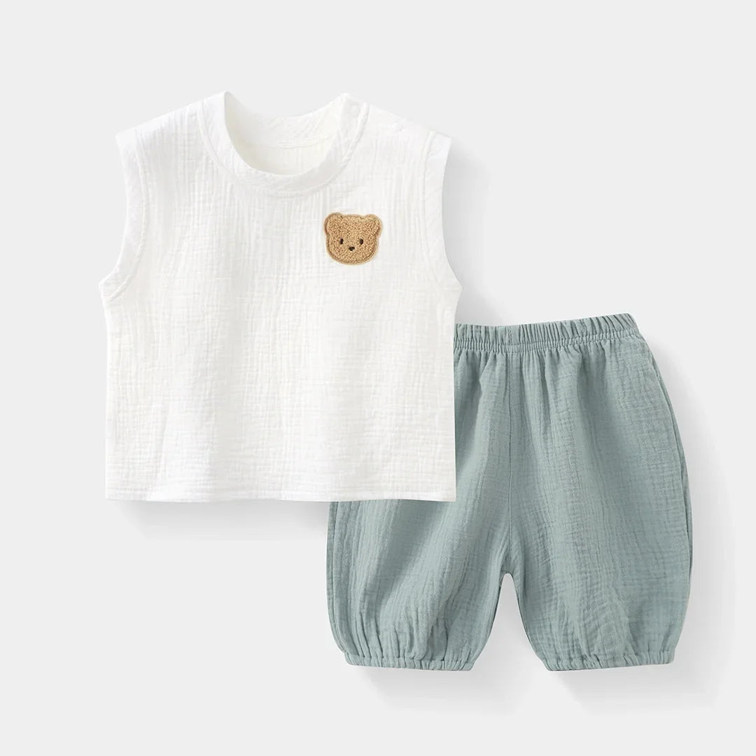 2026 Kids Boy Girl Summer 2Pcs Outfit Set Bear Sleeveless Cotton Vest + Lantern Shorts Childrens Clothes for Outdoor Wear