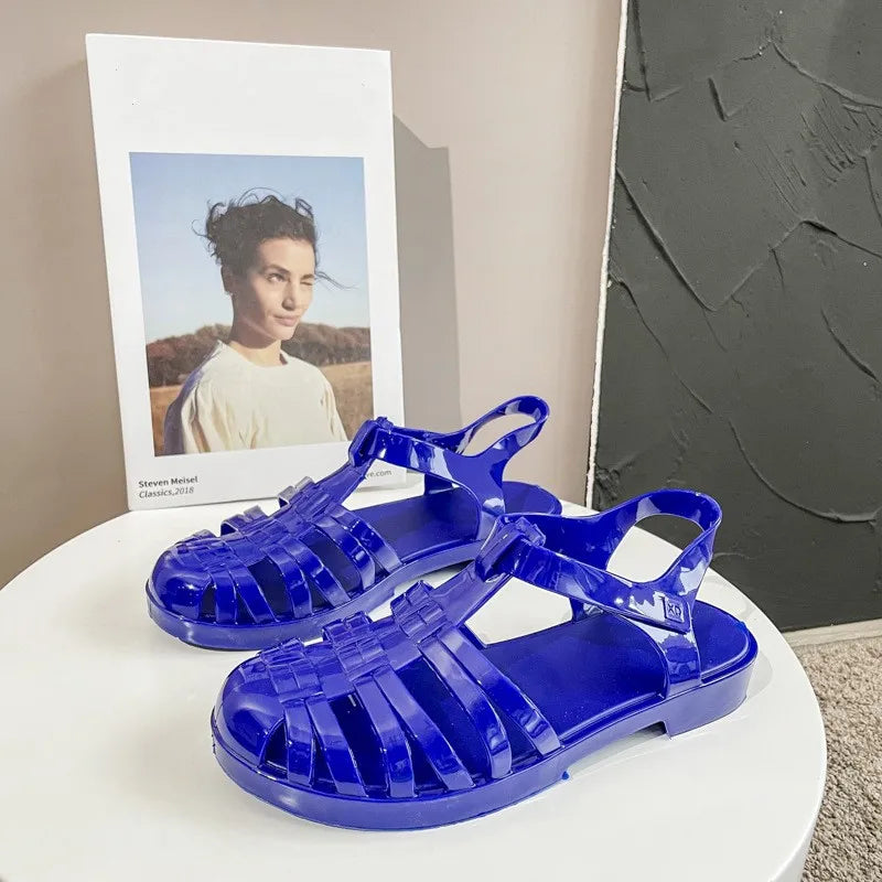 Summer Baotou Roman Women's Sandals Vintage Flat Heel Transparent Crystal Beach Shoes Flat Bottom Plastic Jelly Shoes SHW147