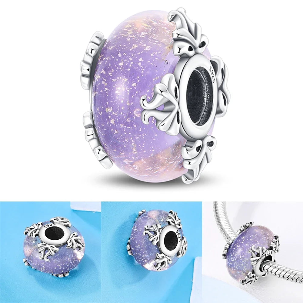 2025classic 925 Sterling Silver Colored Flower Leaf Cosmic Rainbow Murano Glass Charms Beads Fit DIY Bracelet Women Jewelry Gift