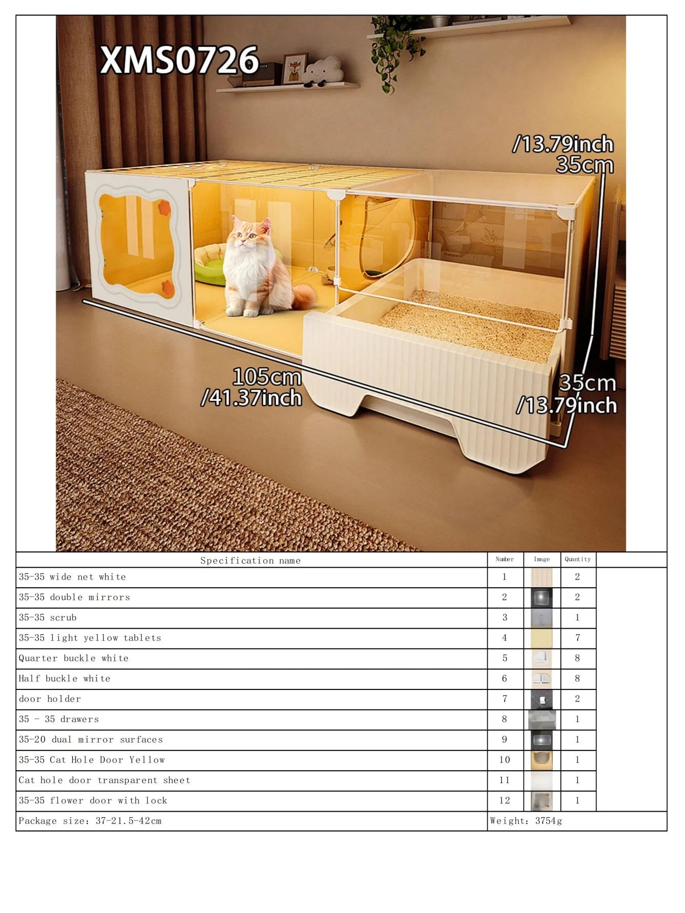 Cat Cage with Drawer-Type Litter Box, Indoor Kitten House with Toilet, Cat Cabinet with One Bedroom, One Living Room, and One Bathroom, Kitten Villa