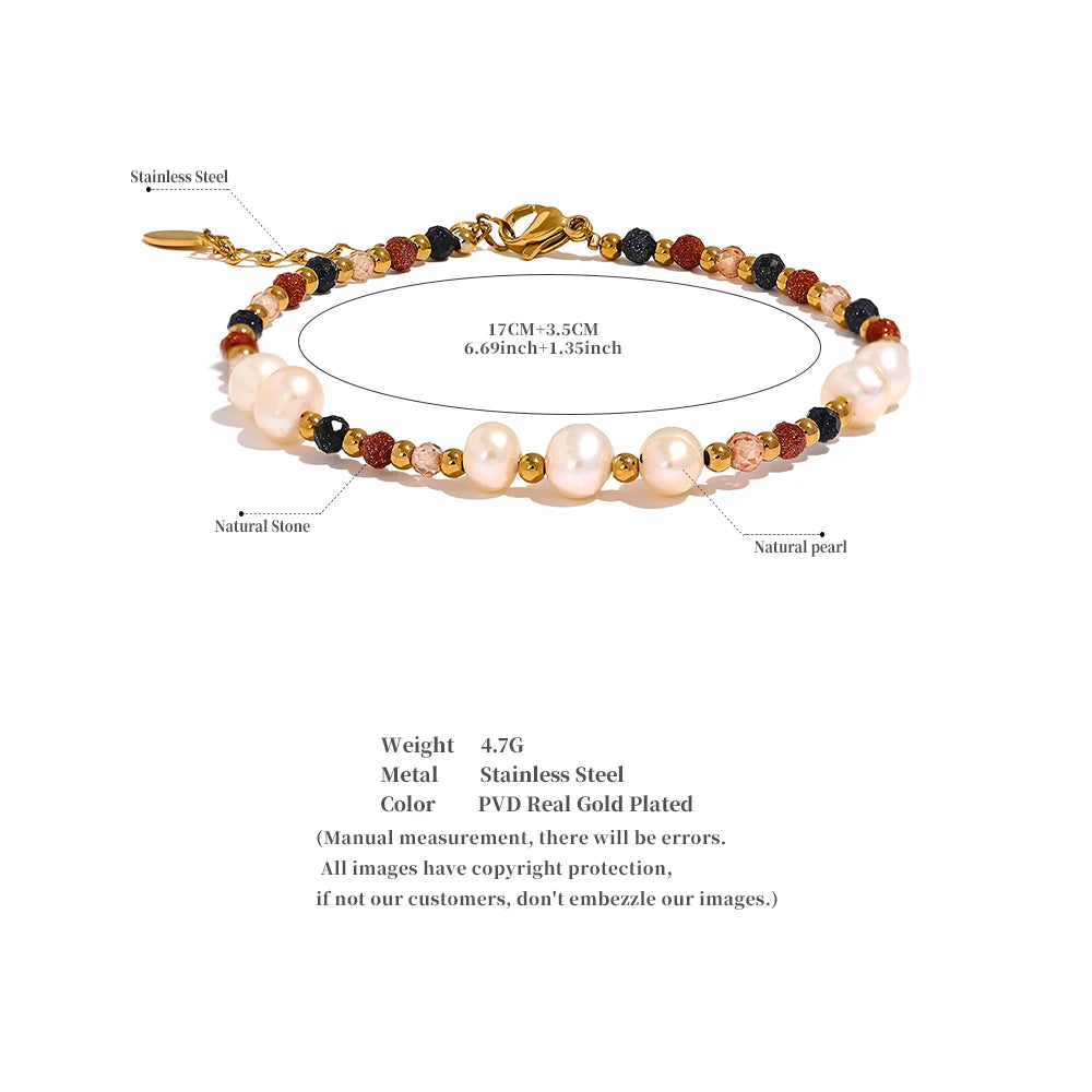 Yhpup Natural Stone Freshwater Pearl  Bead Chain Bling Bracelet Bangle Stainless Steel Handmade Fashion Waterproof Jewelry Women