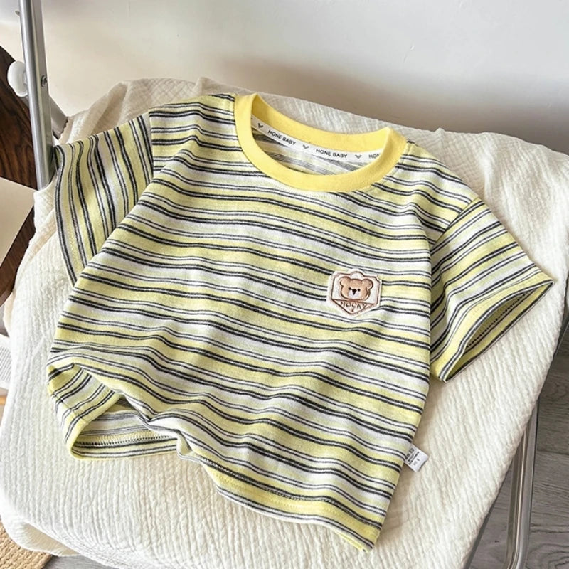 New Summer Childrens Clothes Korean Style Multiple Striped T-shirt with Cute Bear Embroidery Patch for Boys Girls Loose T-shirt