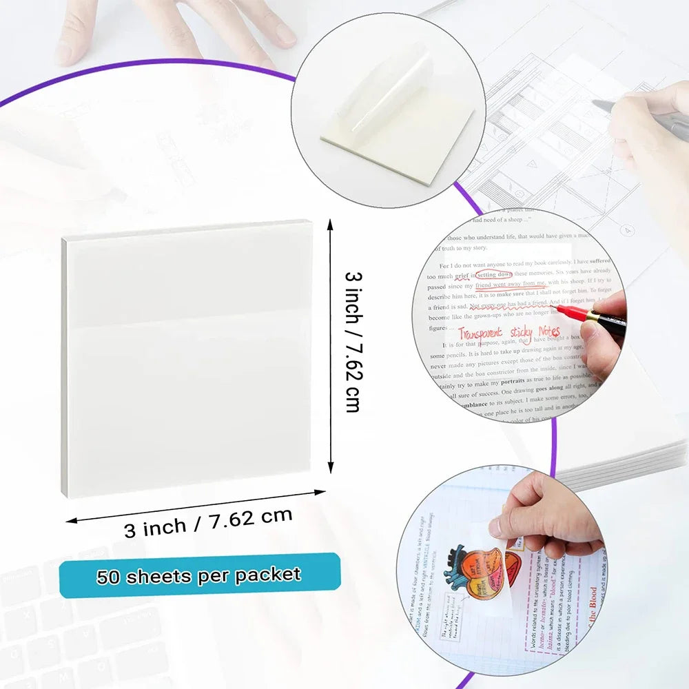50 Sheets Transparent Waterproof Posted It Sticky Note Pads Notepad Clear Self-Adhesive Posits School Stationery Office Supplies
