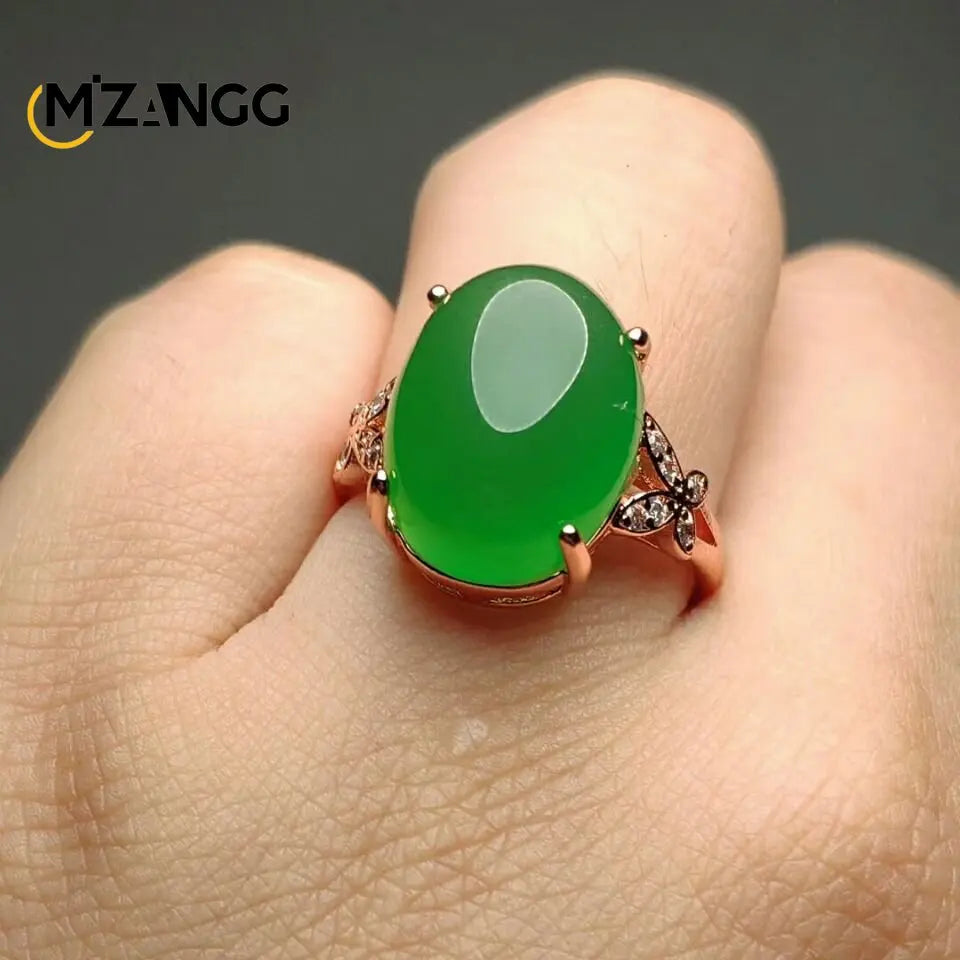 S925 Silver Inlaid Agate Ring Opening Adjustable Natural Green Chalcedony Hand-carved Ring Fashion Boutique Jewelry Women Ring