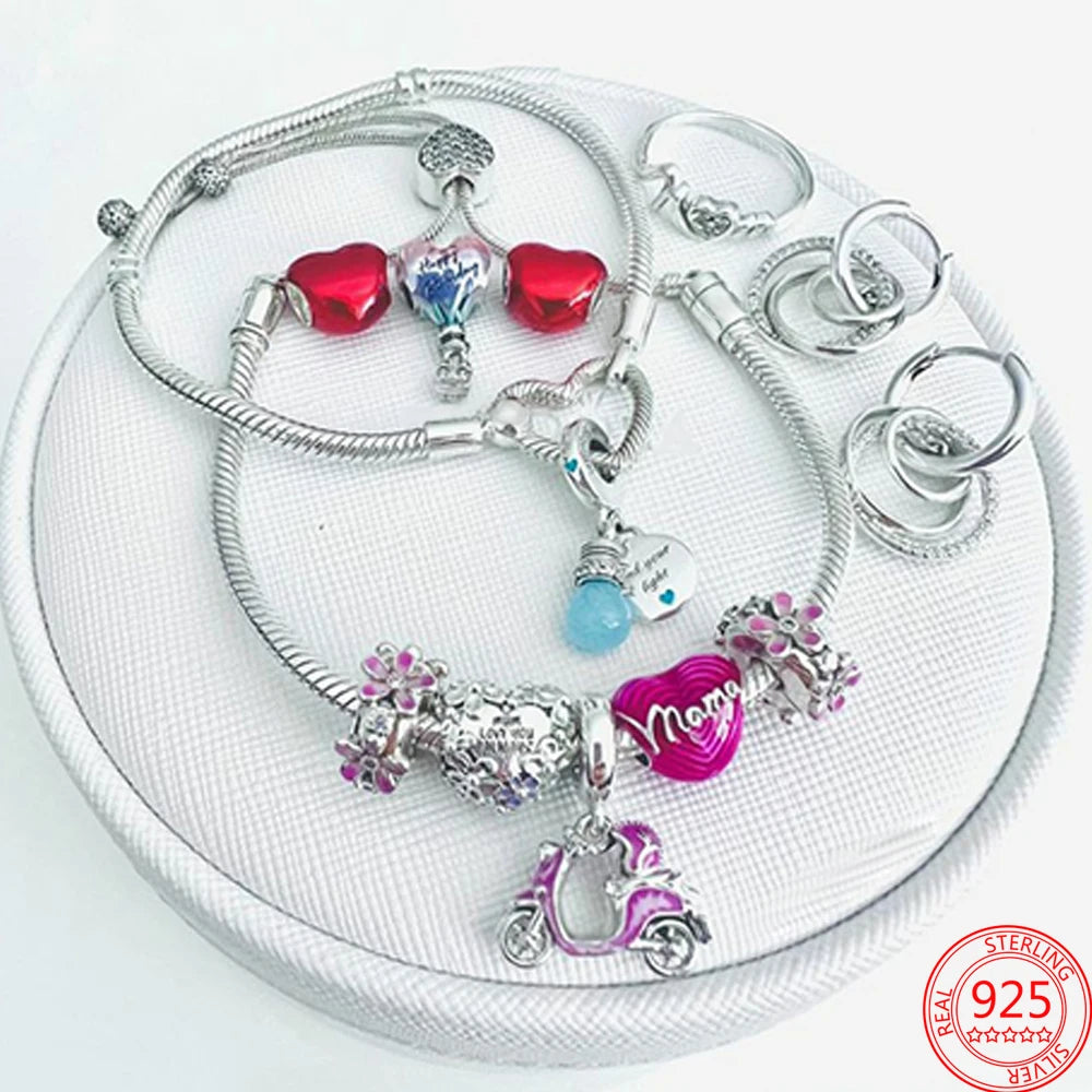 Nostalgic 925 Silver Red Dumbbells&Pink Motorcycles&Natural Pearl Shells&Hearts&Frosted Mura Charm Fit DIY Bracelet Jewelry