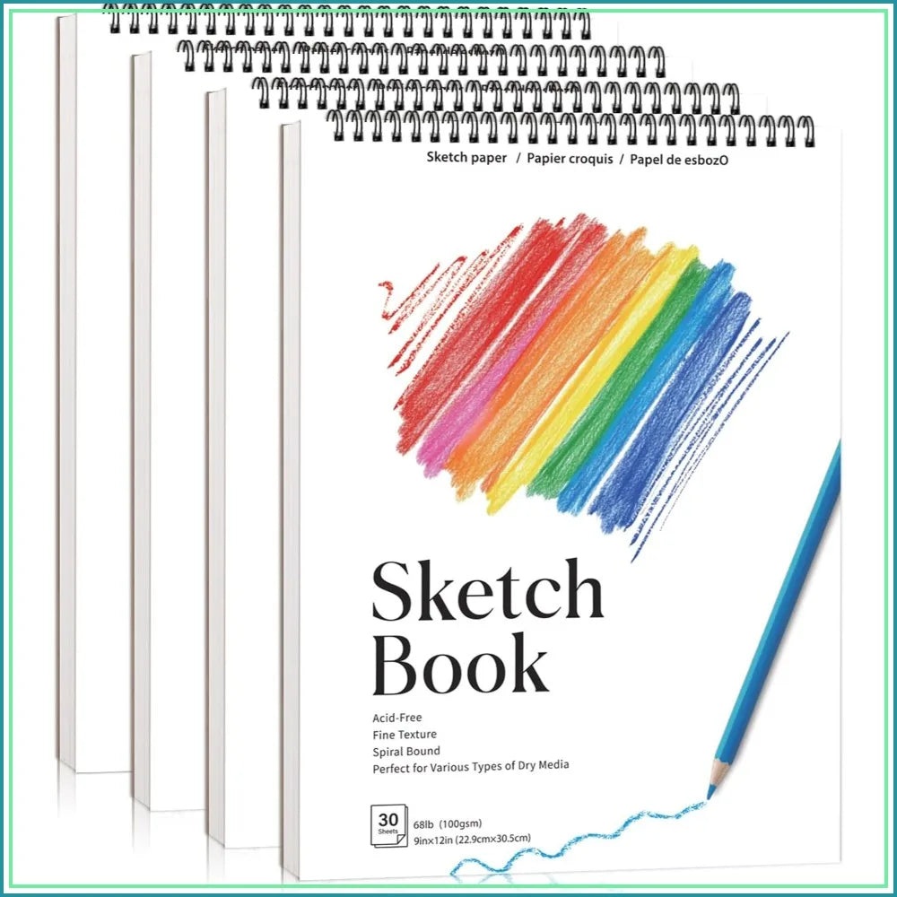 4 Pack Sketch Book, 9x12 Inch Spiral Bound Sketchpad, 68lb 100gsm Acid Free Drawing Paper for Kids Adults Beginners Artists, 30 Sheets Each