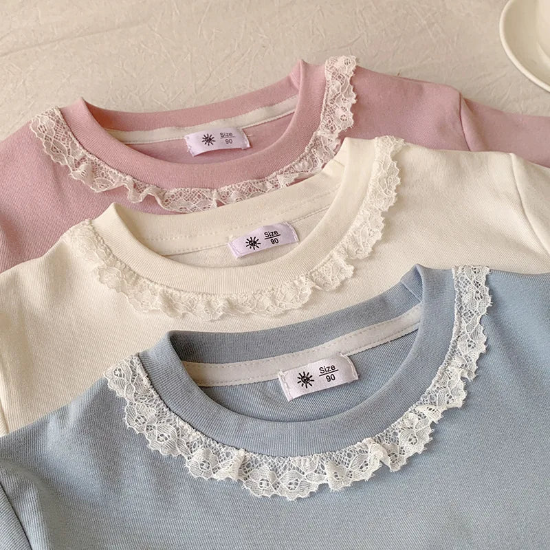 2-10T Cotton Summer Girls Top Infant T Shirt Toddler Kid Baby Clothes Short Sleeve Lace Tshirt Childrens Tee Outfit