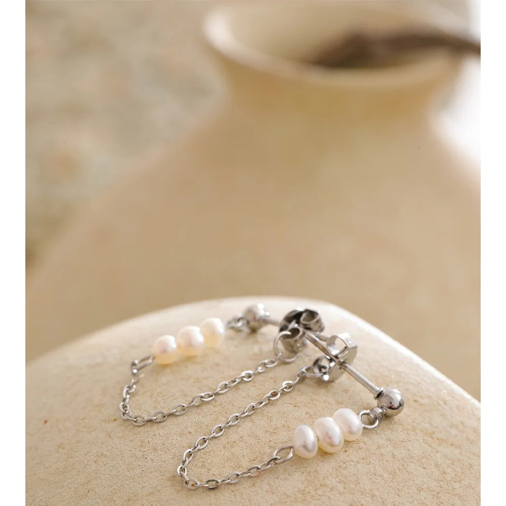 Yhpup 2025 Stainless Steel Natural Pearls Chain Tassel Drop Dangle Earrings for Women Popular Fashion Daily Korean Jewelry