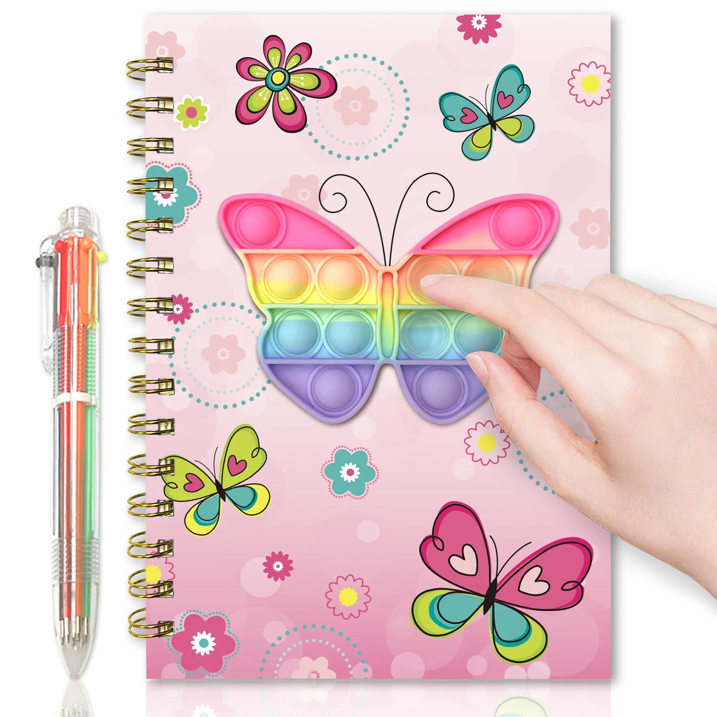 Pop Notebook for Kids, A5 Fidget Girls Diary Journal with 6 Multicolor Pen, Spiral Journal Writing Drawing Gifts Stuff Age 6 8 1