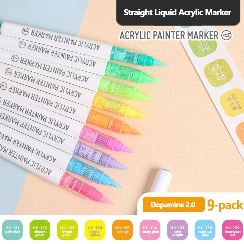 9pcs/Box Mix Color Acrylic Markers Set Art Rock Painting Pens Kids Gift Graffiti For Stone Glass Book Shoes DIY Craft Supplies
