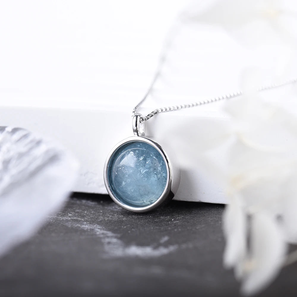 ITSMOS TOP Natural Aquamarine Pendant Necklace Amazonite Stone s925 Sterling Silver Chain Elegant Jewelry for Women Romatic