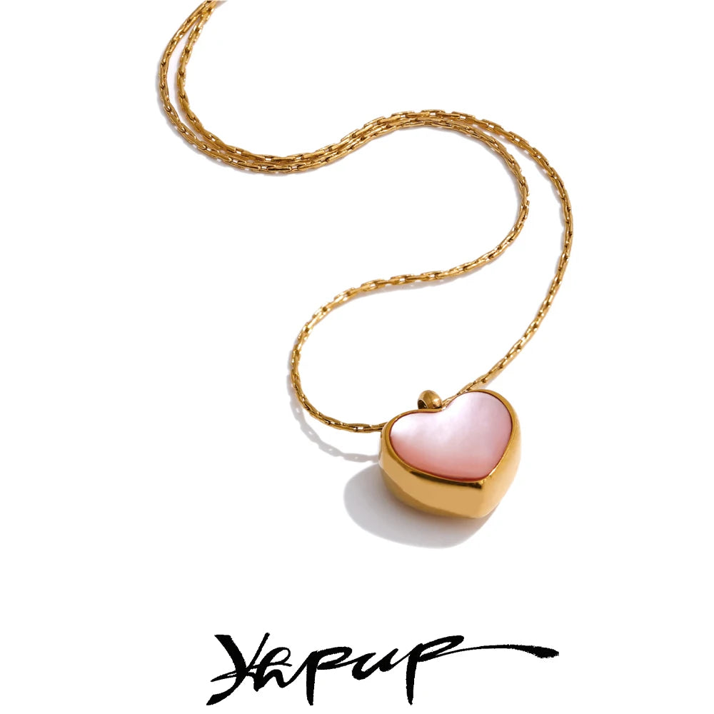 Yhpup Valentine's Day Gift Pink Shell Heart Thick Necklace Pendant Stainless Steel Cute Charm Exquisite Jewelry New