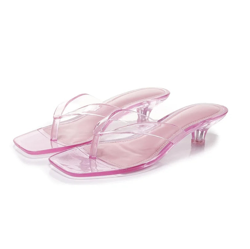 Glam Sheer Heeled Jelly Thong Sandals Women's Transparent Strap Square Toe Kitten Heels Woman Trendy Flip Flops Night Out Shoes