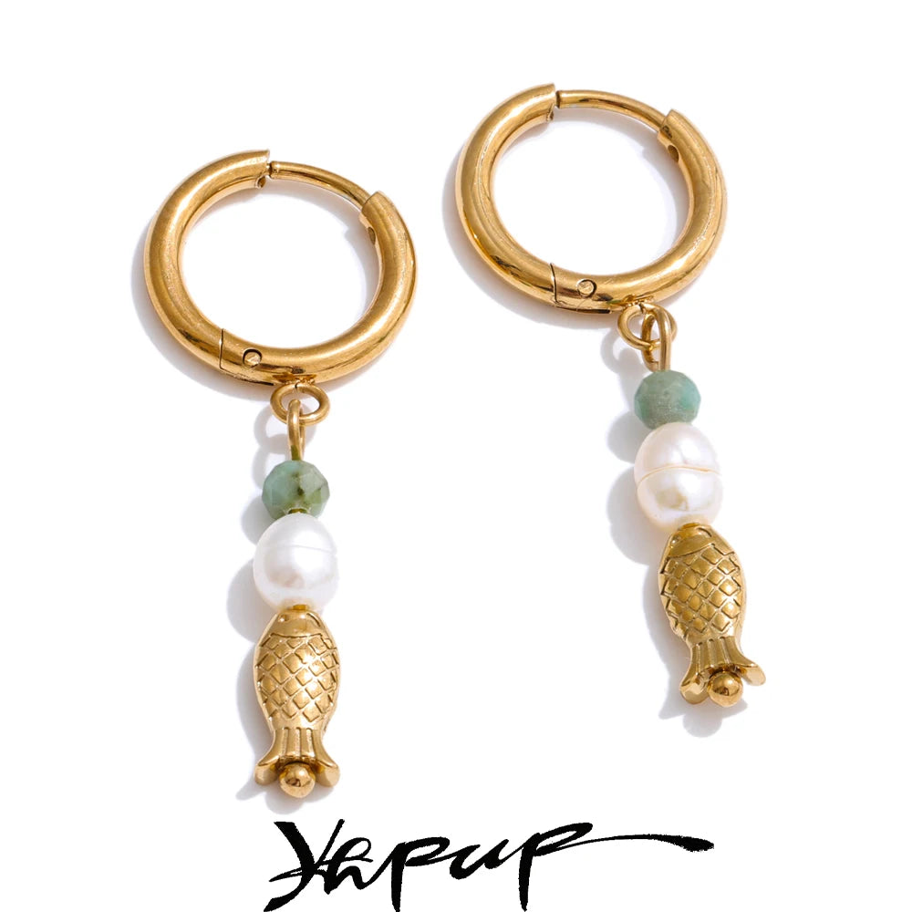 Yhpup High Quality Natural Stone Pearl Fish Dangle Earrings 16K PVD Plated Stainless Steel Ocean Style Charm Jewelry Waterproof