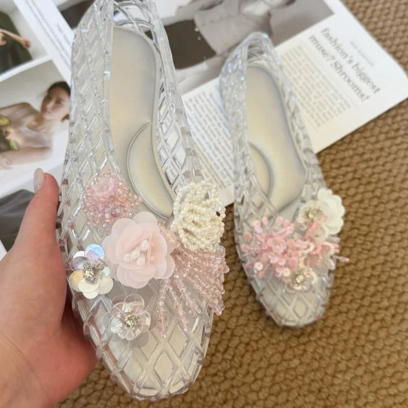 Women's Colorful Hollow Grid Flat Sandals Summer Ladies Flat Jelly Shoe DIY Non-slip Vacation Beach Shoes with Shoes Accessories